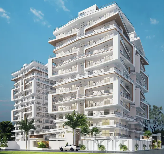 D architectural rendering of contemporary mixed-use building design